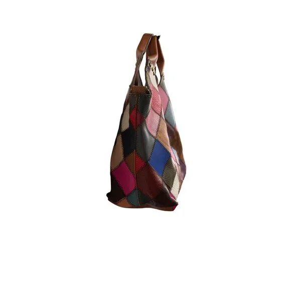 Booba Patchwork Leather Tote Bag Multicolor Squares Brown Handles Dopamine Boho - Picture 4 of 16